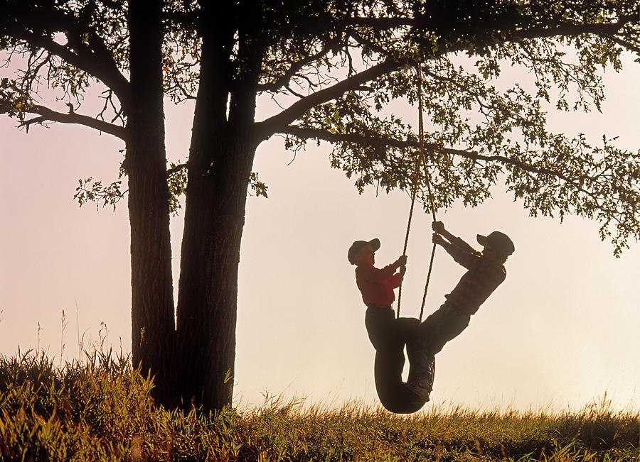 Boys Playing on Tire Swing Photograph by Dave Reede