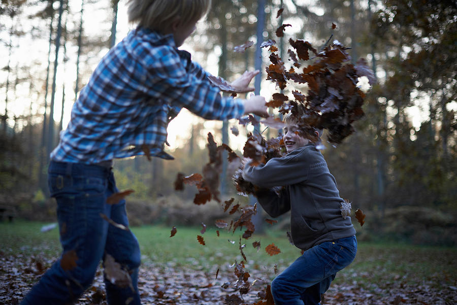 Boys throwing leaves at eachother Photograph by Peter Mason