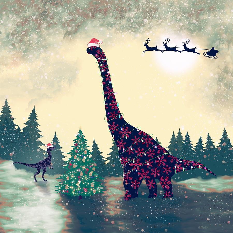 Brontosaurus and Velociraptor Christmas Digital Art by Anastasiya Malakhova