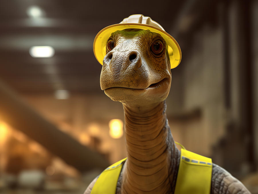 Brachiosaurus Dinosaur Construction Worker Digital Art by Karen Foley
