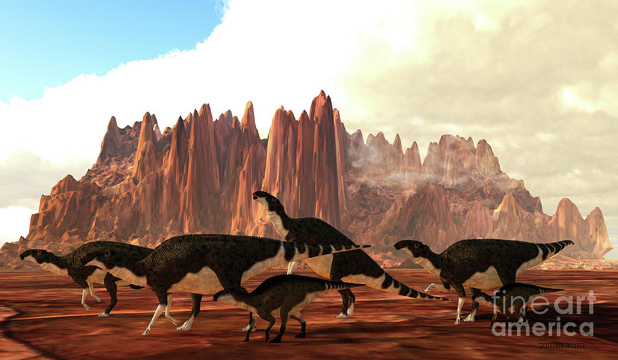 Brachylophosaurus Dinosaur Herd Digital Art by Corey Ford