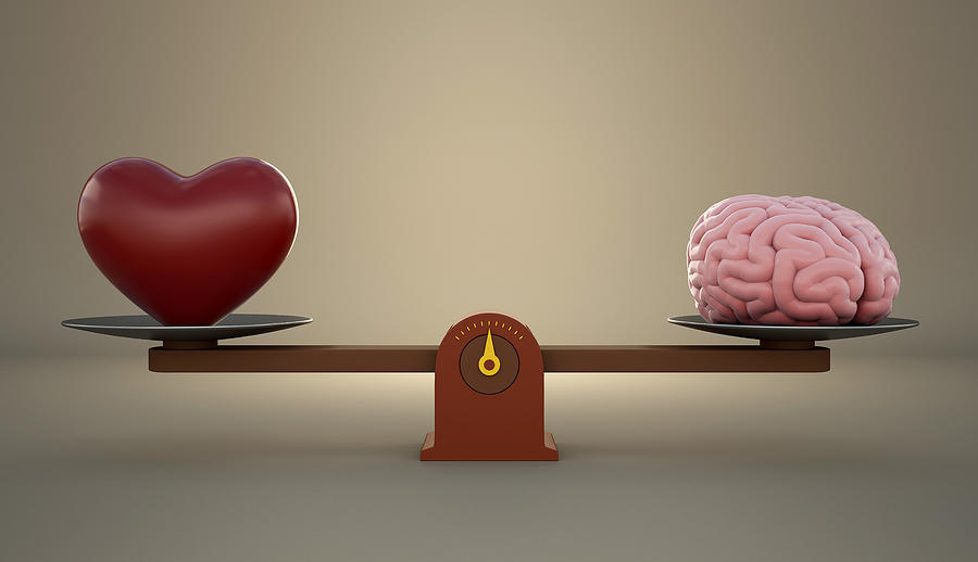 Brain and heart on a wooden balance scale. Photograph by Haryigit