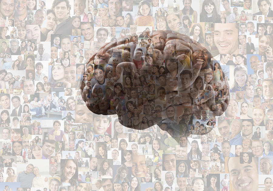 Brain overlaid on collage of faces Photograph by John M Lund Photography Inc