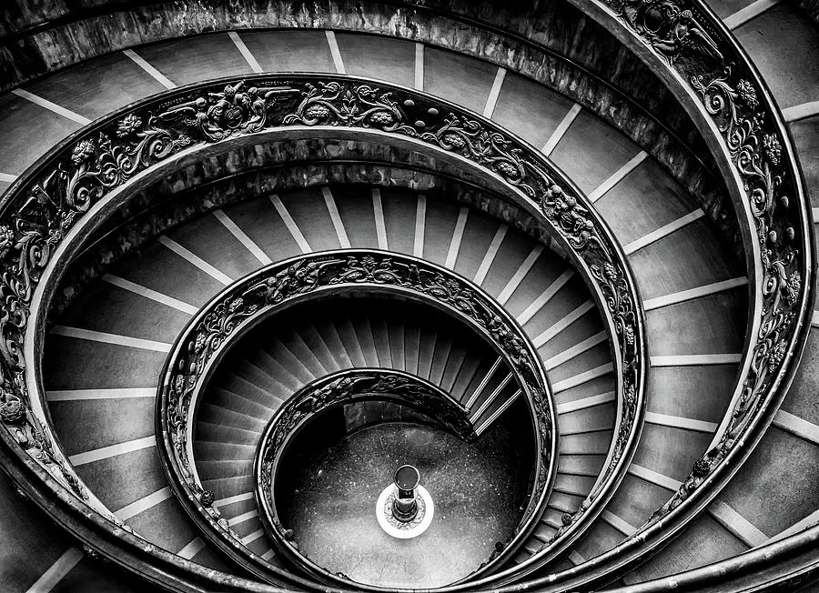 Bramante Spiral Staircase of Vatican Museum in Black and White Photograph by Alexios Ntounas