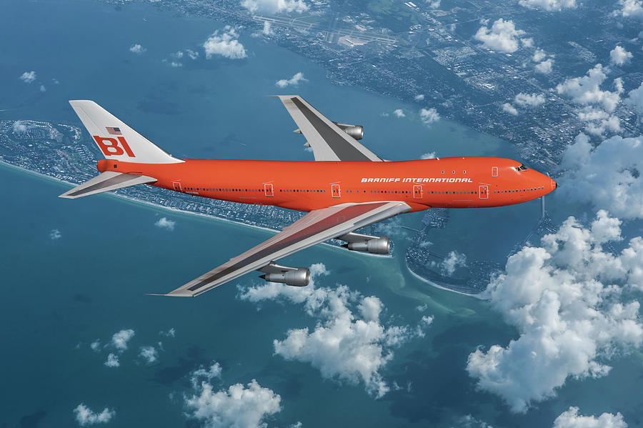 Braniff Boeing 747 Over Florida Coastline Mixed Media by Erik Simonsen
