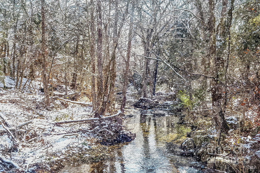 Branson Fall Creek Winter Snow Painterly Mixed Media by Jennifer White