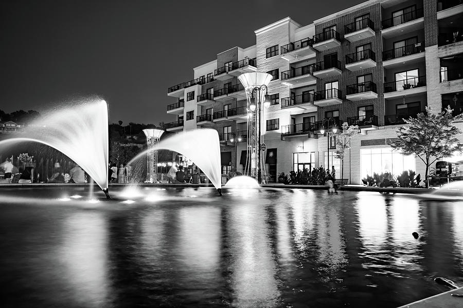 Branson Landing Dusk Fountain Waters - Black And White Photograph
