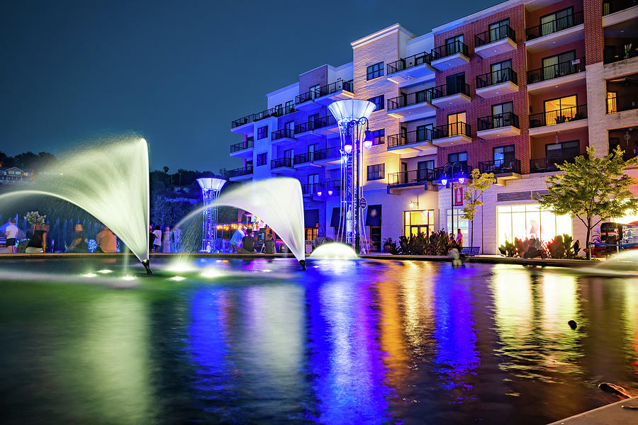 Branson Landing Dusk Fountain Waters Photograph by Gregory Ballos