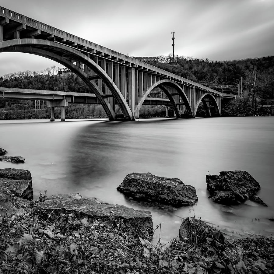 Branson MO Lake Taneycomo Bridge In Black and White 1x1 Photograph by Gregory Ballos