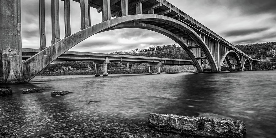 Bransons Lake Taneycomo and White River Bridge Panorama - Black and White Photograph by Gregory Ballos