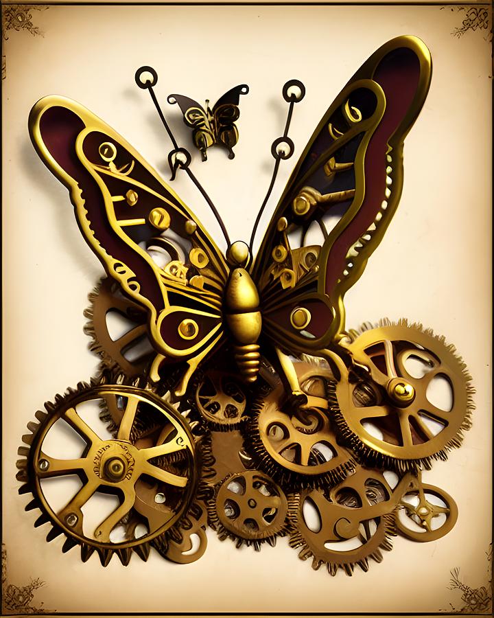 Brass Colored Steampunk Butterfly - An Artistic Fusion of Nature and Machinery Digital Art by Artvizual Premium