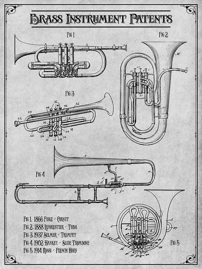 Brass Instrument Patents Gray Print Drawing by Greg Edwards - Fine Art ...