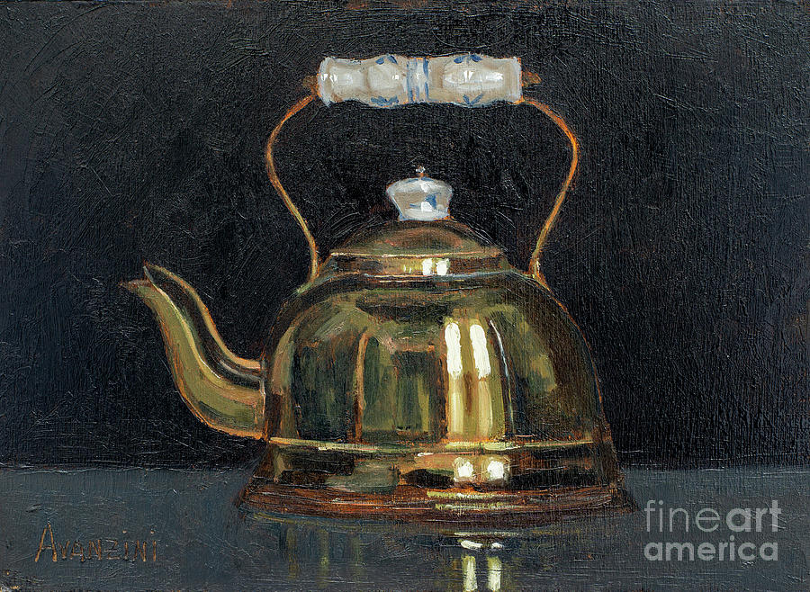 Brass Kettle Still Life Oil on Wood Black Background Painting by Pablo Avanzini