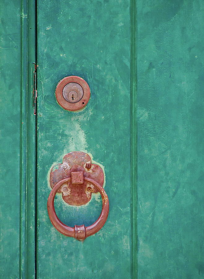 Brass Lock and Knocker on Old Green Door Photograph by Darryl Brooks