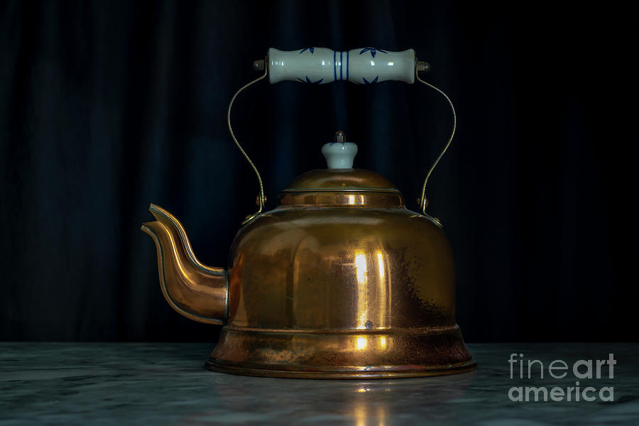 Brass Teapot Black Background Marble Table Photograph by Pablo Avanzini