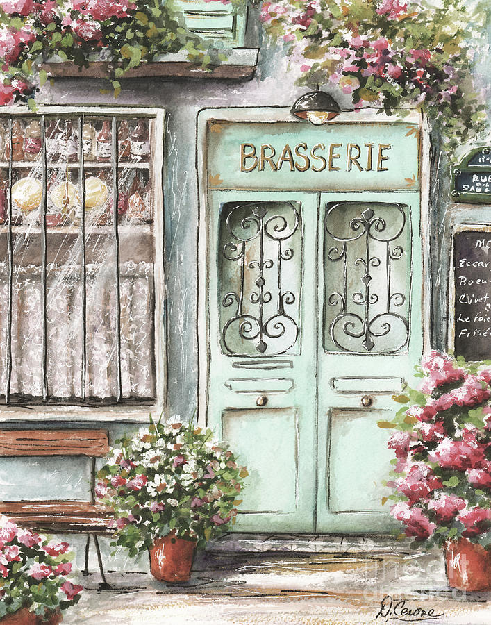 Brasserie Watercolor In Vintage Blush Pink and Green Painting by Debbie Cerone