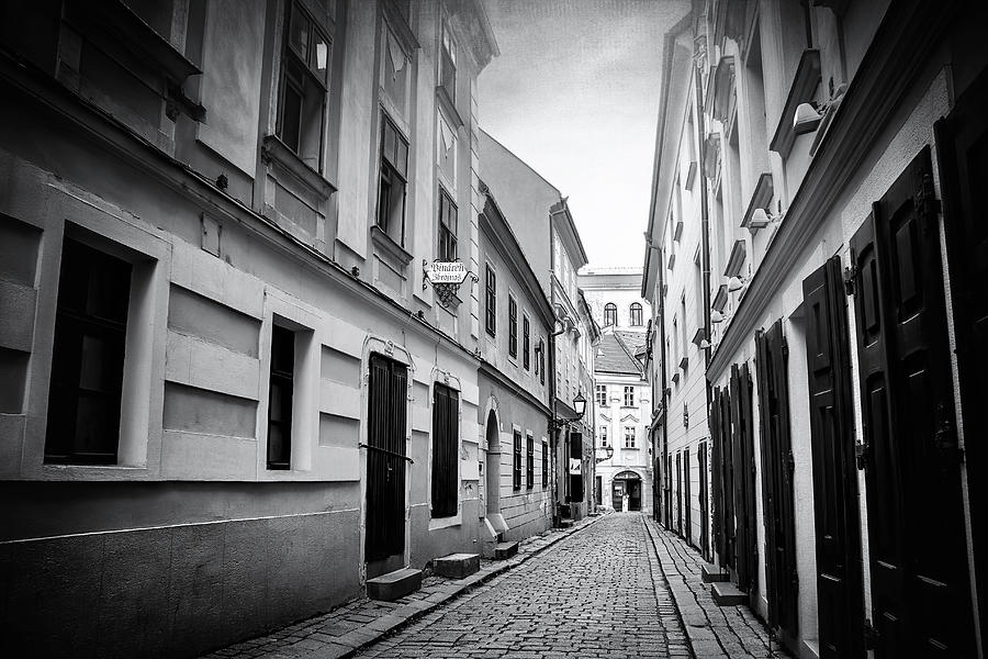 Bratislava Slovakia Cobblestone Streets Black and White  Photograph by Carol Japp