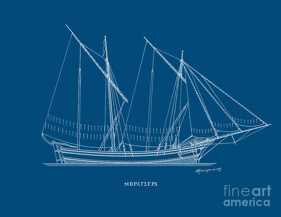 Bratsera - traditional Greek sailing boat - Blueprint Drawing by Panagiotis Mastrantonis