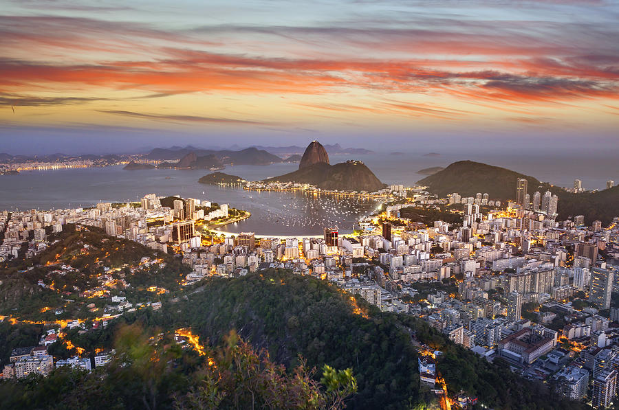Brazil Rio de Janeiro aerial view with Guanabara Bay and Sugar Loaf at night Photograph by Grafissimo