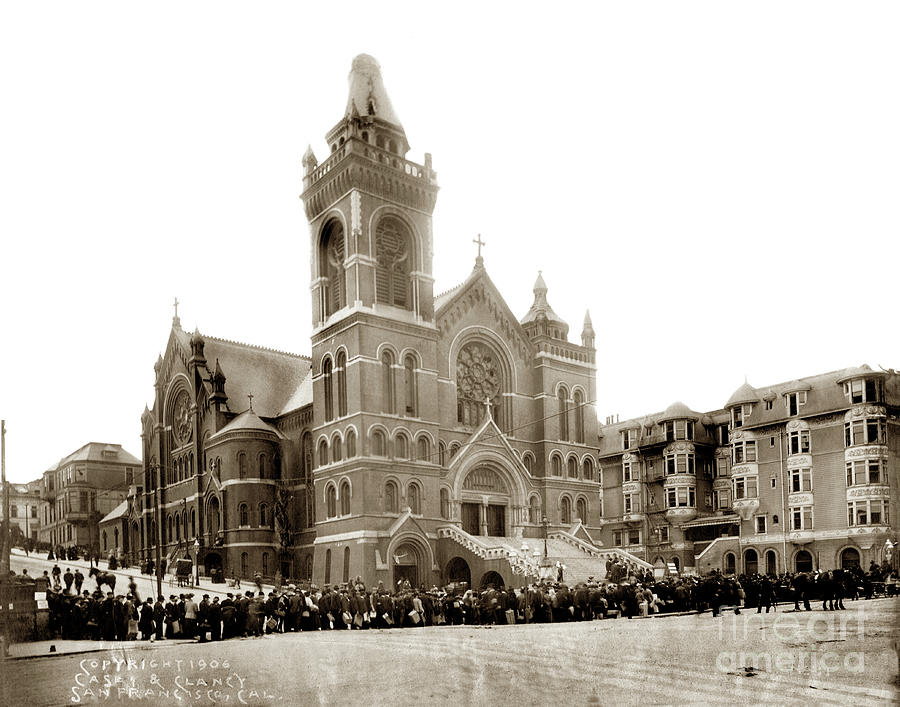 San Francisco Photograph - Bread line at  St. Marys Cathedral. Van Ness and OFarrell. 1906 by Monterey County Historical Society