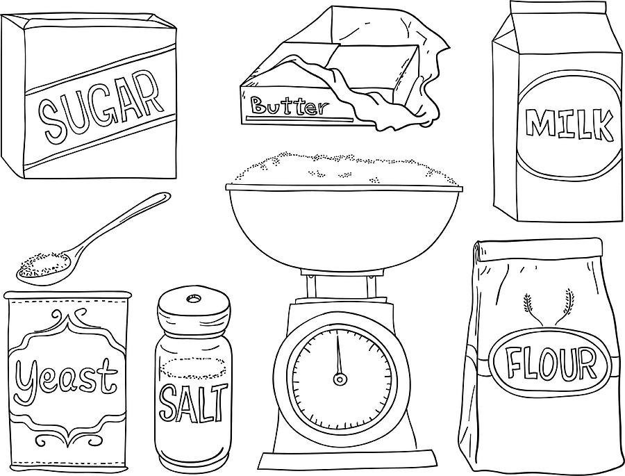 Bread making ingredients in black and white Drawing by LokFung