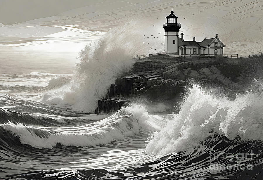 Breakers At The Lighthouse Digital Art by Mark Miller