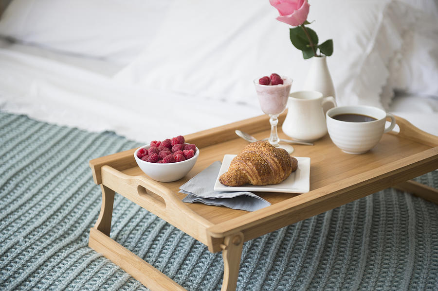 Breakfast plate on bed Photograph by Tetra Images - Jamie Grill