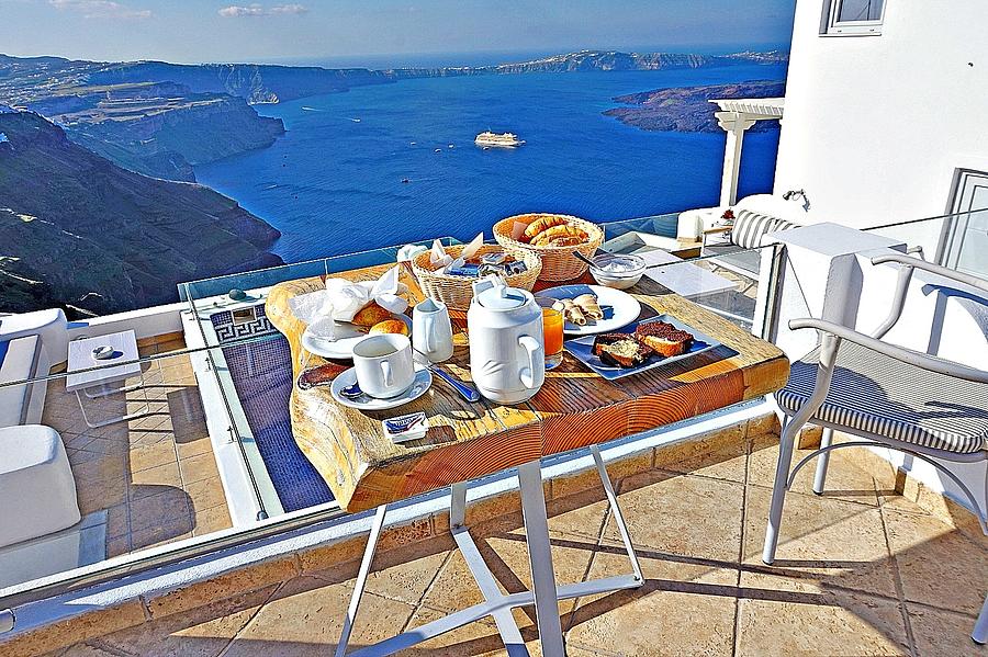 Breakfast With a View In Santorini, Greece  Photograph by Yvonne Jasinski