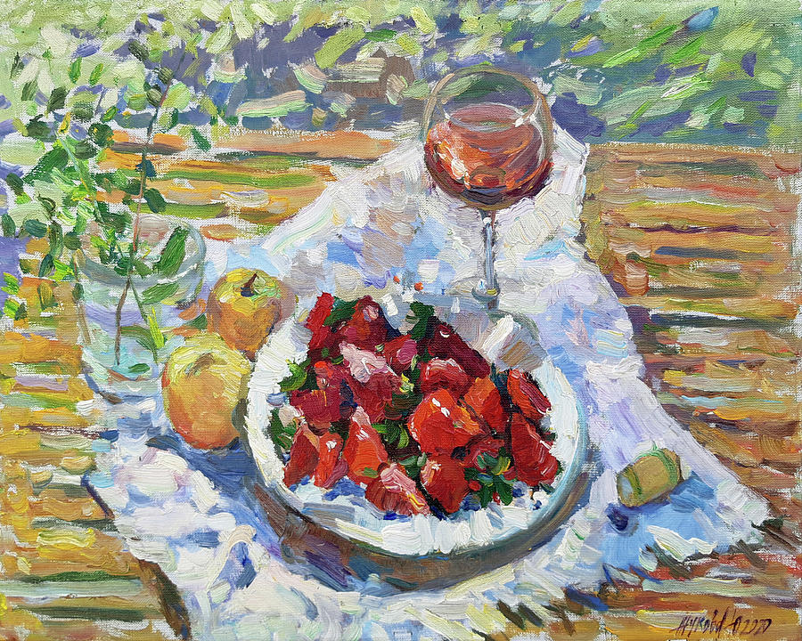 Breakfast with strawberries Painting by Juliya Zhukova