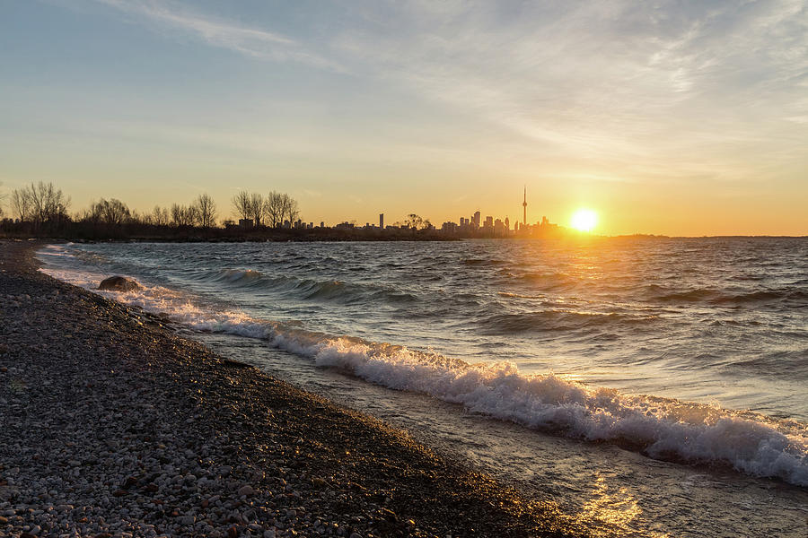Breaking Wave Sunrise - Toronto Skyline Behind Rough Lake Ontario Photograph by Georgia Mizuleva