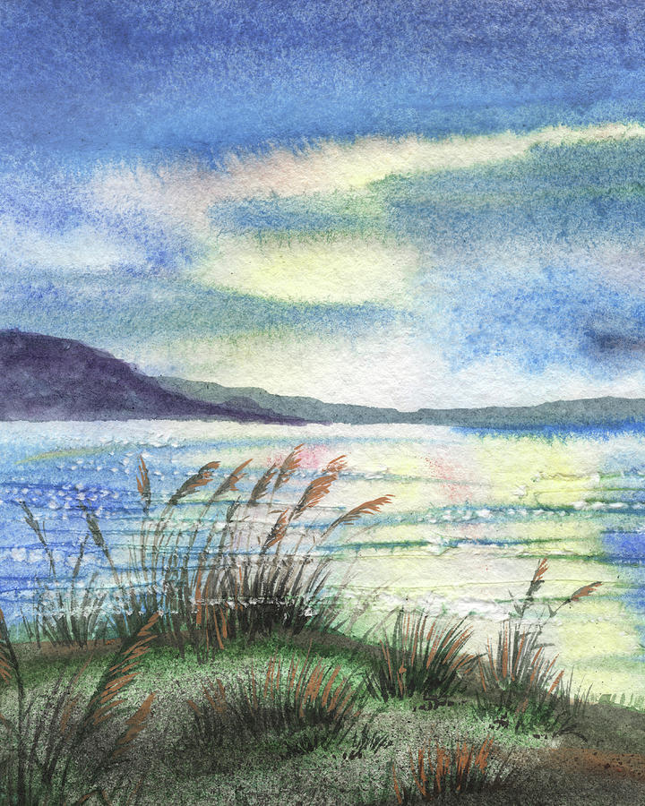 Breeze Grass Shore Peaceful Meditative Lake Landscape Painting