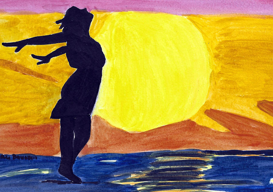Breezes a Girl with Arms Outstretched Behind Her on the Beach Painting by Ali Baucom