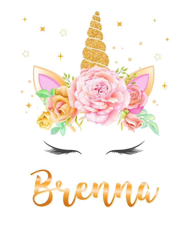 Brenna Name Unicorn Horn with flower wreath and Gold Glitter, Unicorn ...