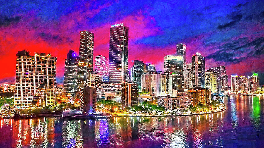 Brickell Bay Drive skyline at twilight, Miami - digital painting Digital Art by Nicko Prints