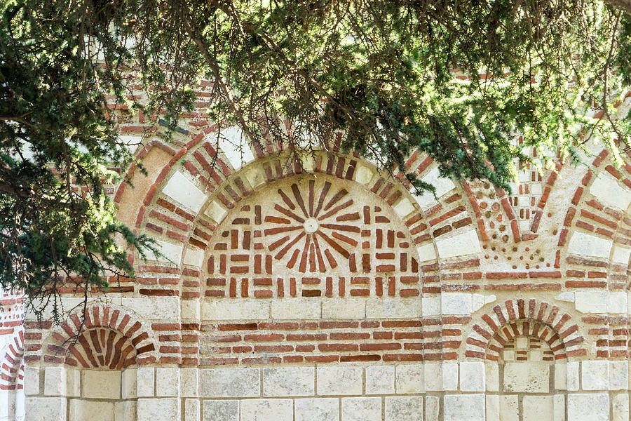 Brickwork Like Embroidery - Byzantine Design Of Red Bricks And White Stones Photograph