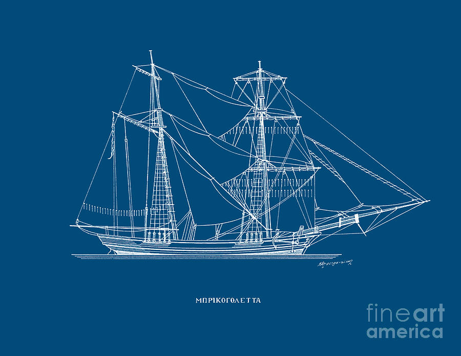 Bricogoletta - traditional Greek sailing ship - blueprint Drawing by Panagiotis Mastrantonis