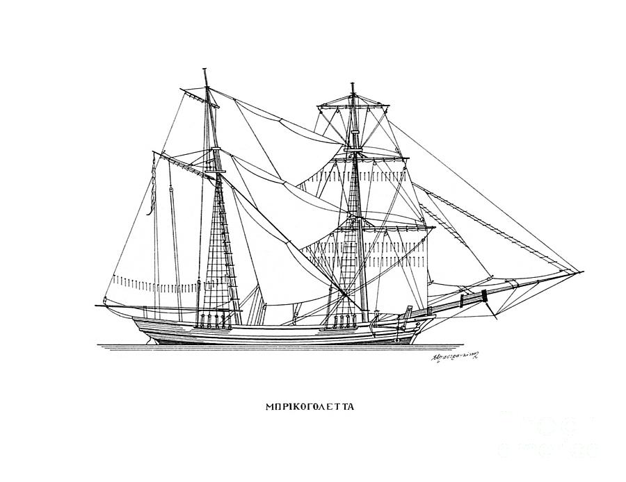 Bricogoletta - traditional Greek sailing ship Drawing by Panagiotis Mastrantonis