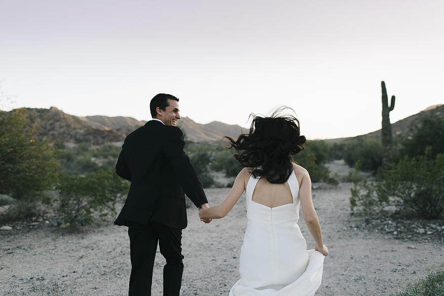 Bride and groom in arid landscape, holding hands, running, rear view Photograph by Jennifer van Son