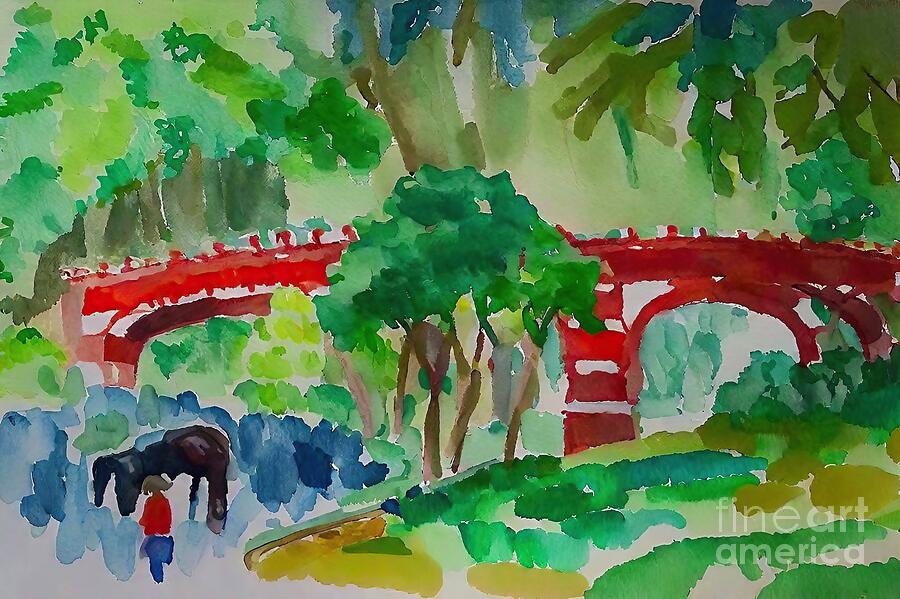Tree Painting - Bridge Central Park Painting Bridge Trees Manhattan Central Park New York Park Grass Green Red access architecture art arts asia beautiful building buildings city east asia exterior facade far east by N Akkash