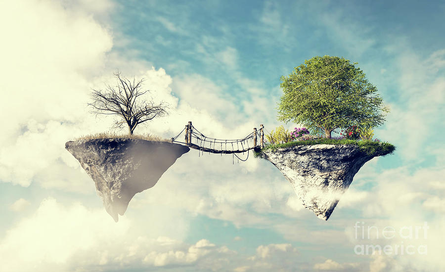 Magic Photograph - Bridge connecting desolate land and green positive floating island by Michal Bednarek