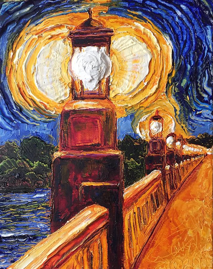 Wrightsville PA Bridge Light at Night Painting by Paris Wyatt Llanso