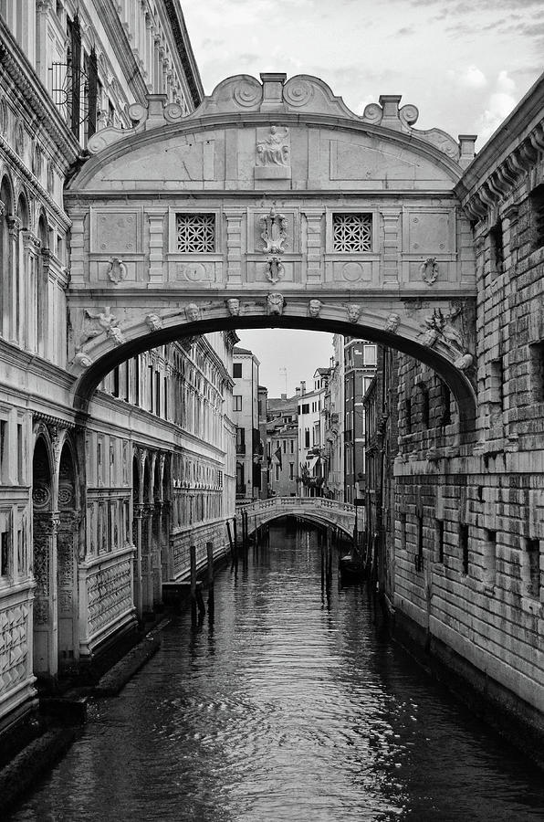 Bridge of Sighs over Rio di Polazzo Venice Italy Black and White Photograph by Shawn OBrien
