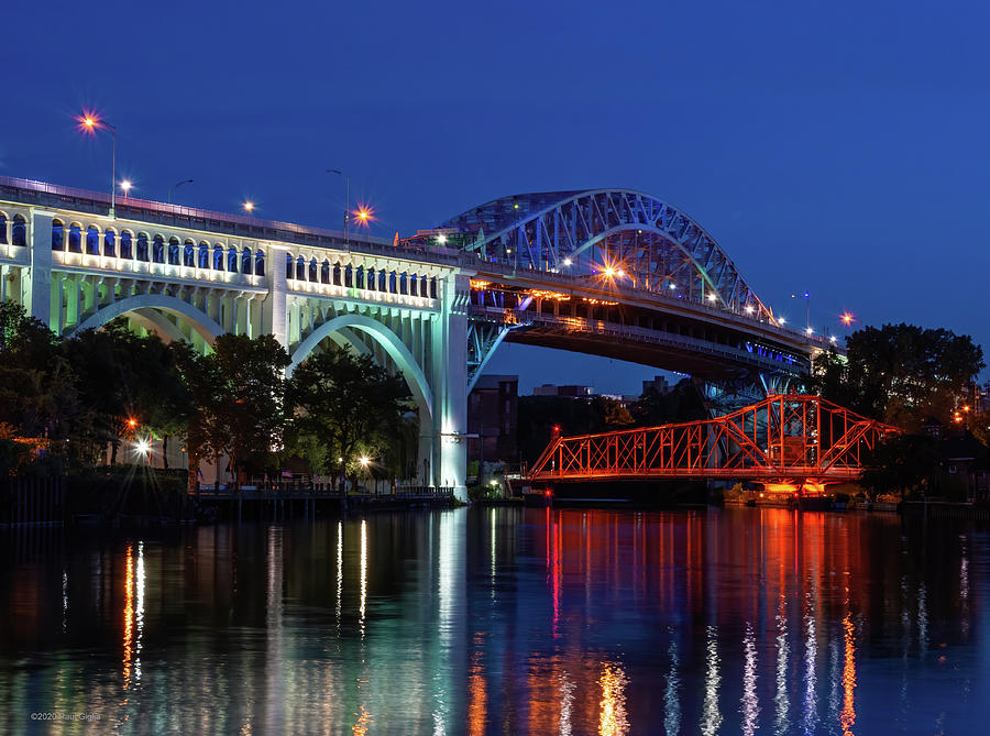 Bridge over the Cuyahoga River at Night Photograph by Paul Giglia