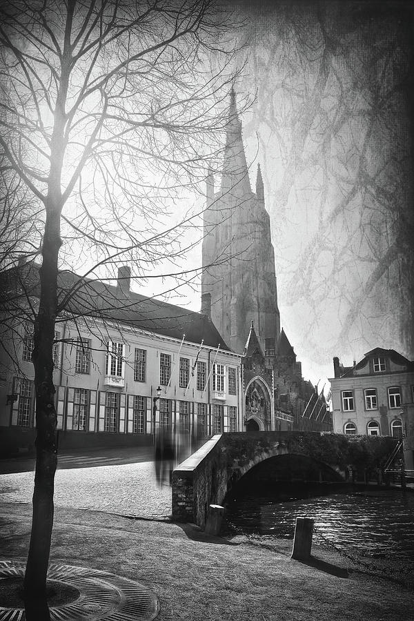 City Photograph - Bridge Over The Dijver Canal Bruges Belgium Black and White  by Carol Japp