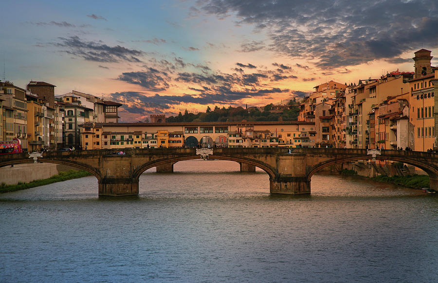 Bridges of Arno River at Sunset in Florence Italy Photograph by Lily Malor