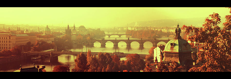 Bridges of Golden Prague. Autumn Panorama with Black Frames Photograph by Jenny Rainbow