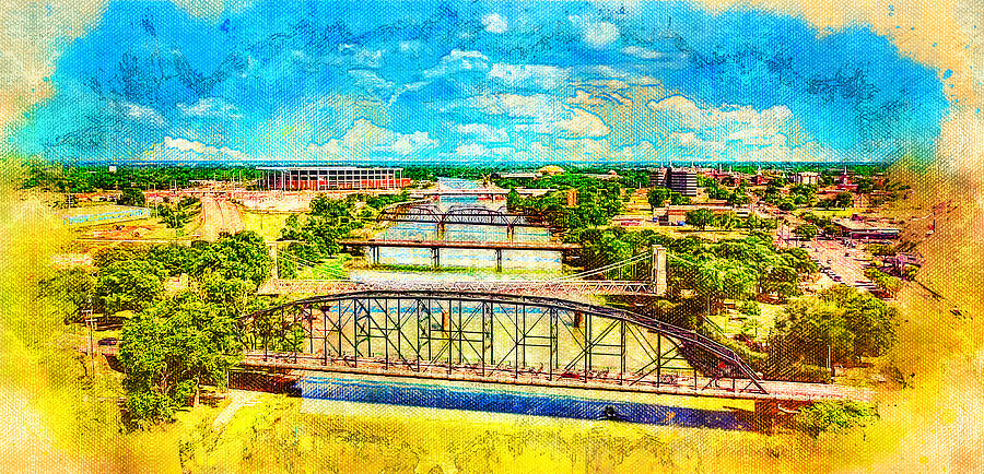 Bridges over Brazos River in Waco, Texas - digital painting Digital Art by Nicko Prints