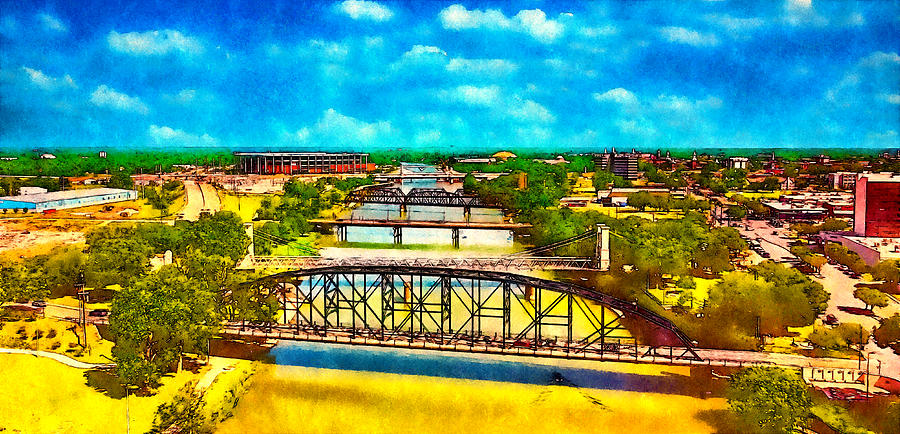 Bridges Over Brazos River In Waco, Texas - Watercolor Painting Digital Art