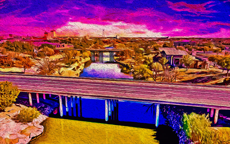 Bridges over the Concho River in San Angelo at sunset - digital painting Digital Art by Nicko Prints