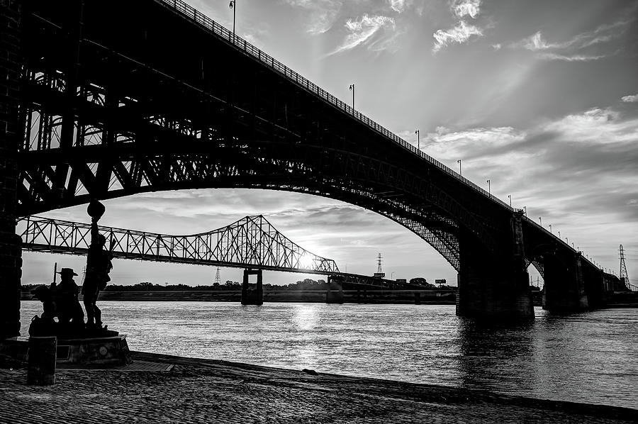 Bridges Over the Mississippi River - Saint Louis Black and White Photograph by Gregory Ballos
